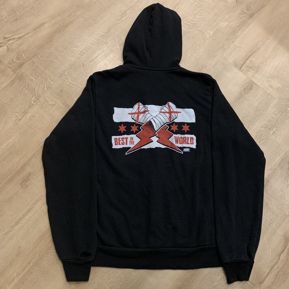 CM Punk Best In The World AEW Black Hoodie Sweatshirt Full Zip Mens Medium Black